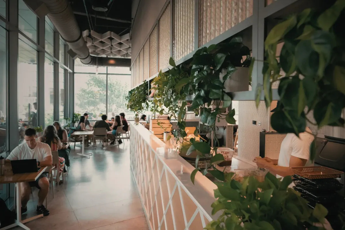 Sunlit cafe interior lined with hanging plants, white lattice bar and customers working at tables