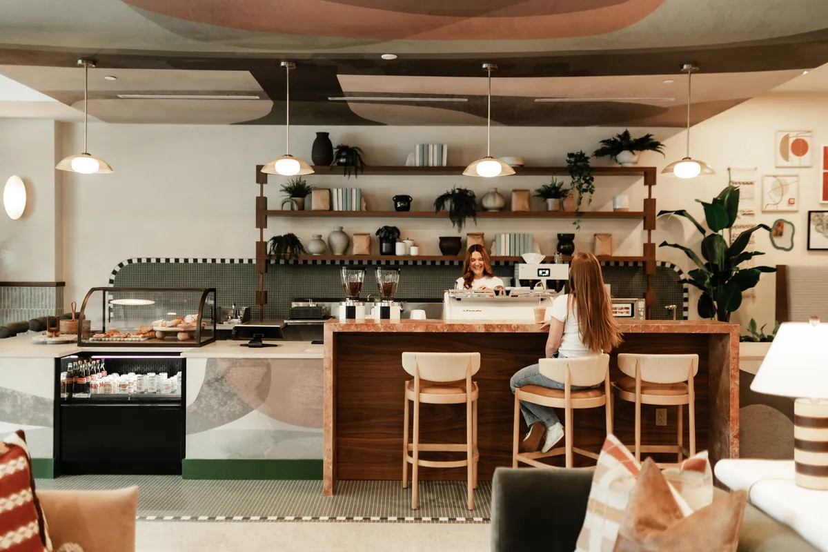 Daydreamer coffee counter with pendant lights, shelves, pastry case and wooden stools in a bright cafe