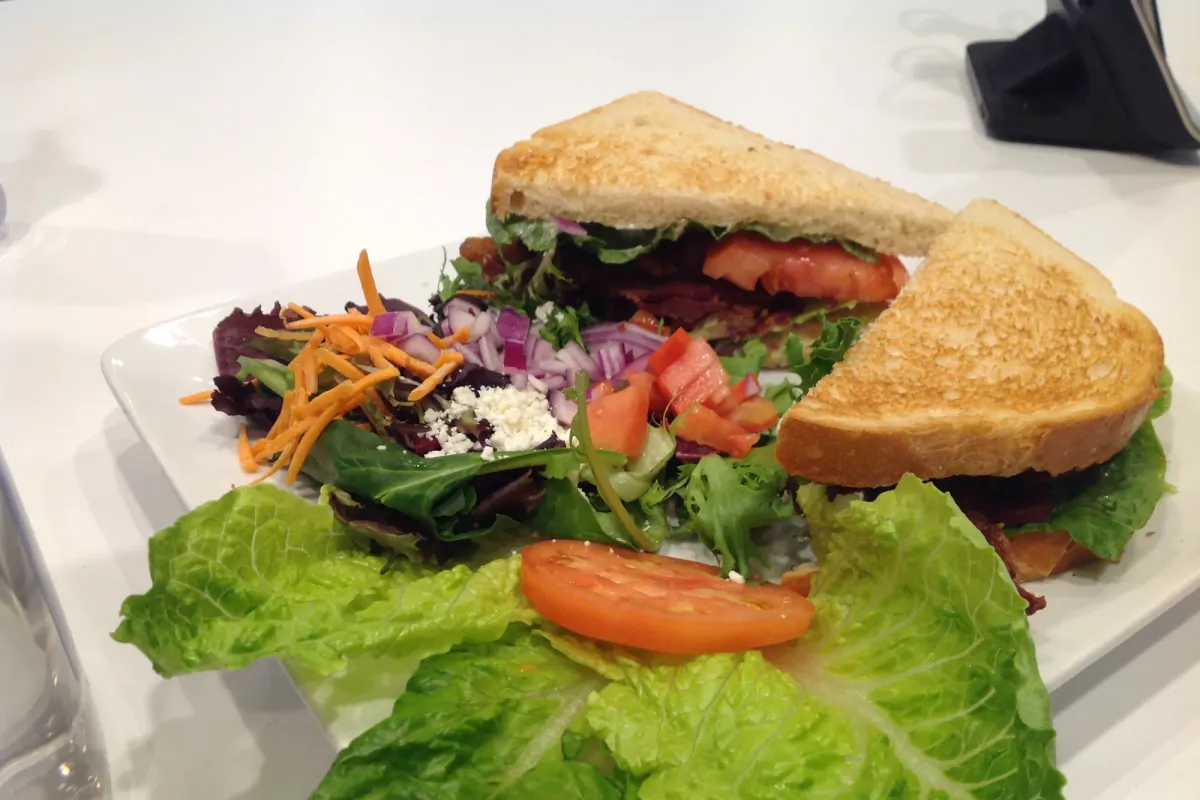 Toasted BLT-style sandwich with side salad on a white square plate